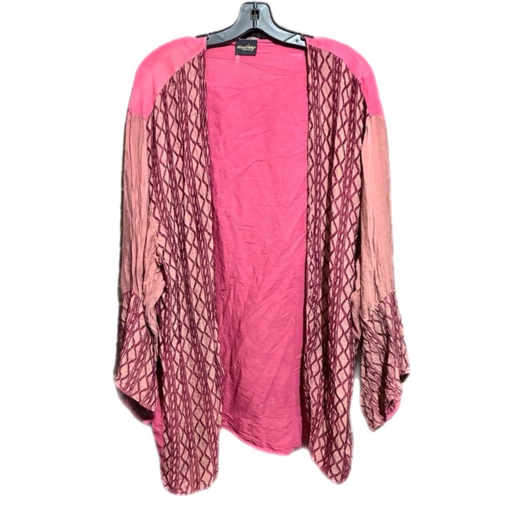 Audrey Lightweight Kimono Duster Cardigan Pink/Burgundy Open Front Oversized Med